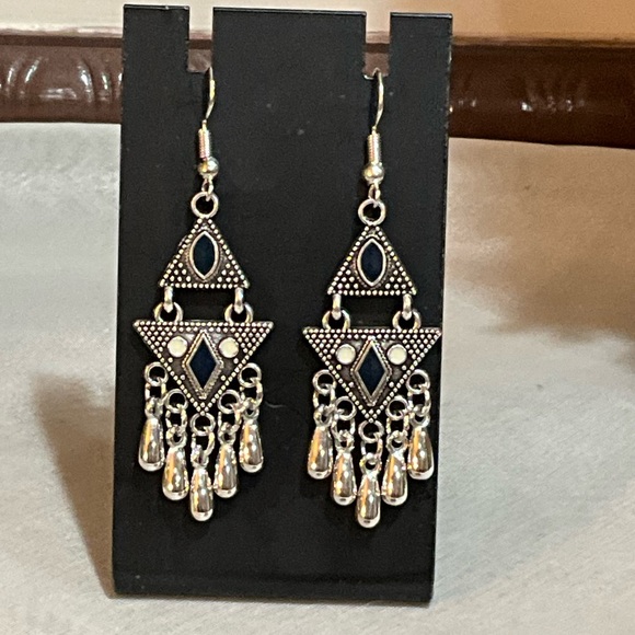Silver Geometric Dangle Earrings - Picture 3 of 7